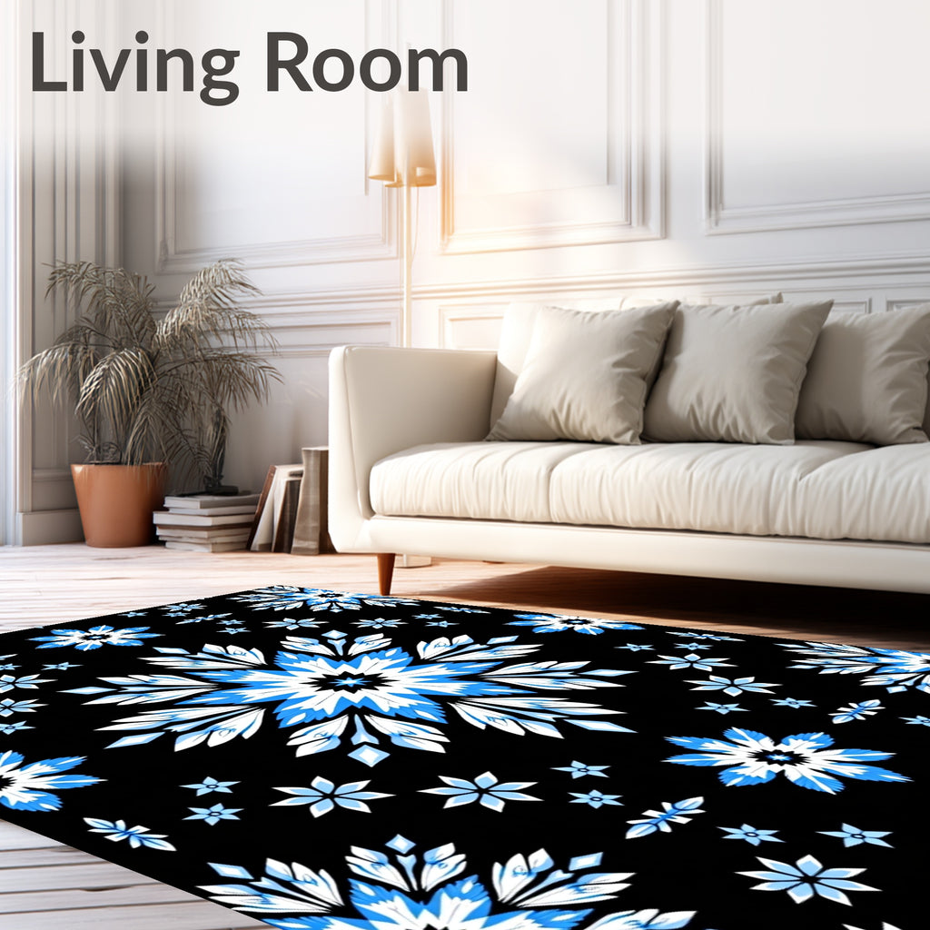 Black Blue White Floral Medallion Rug