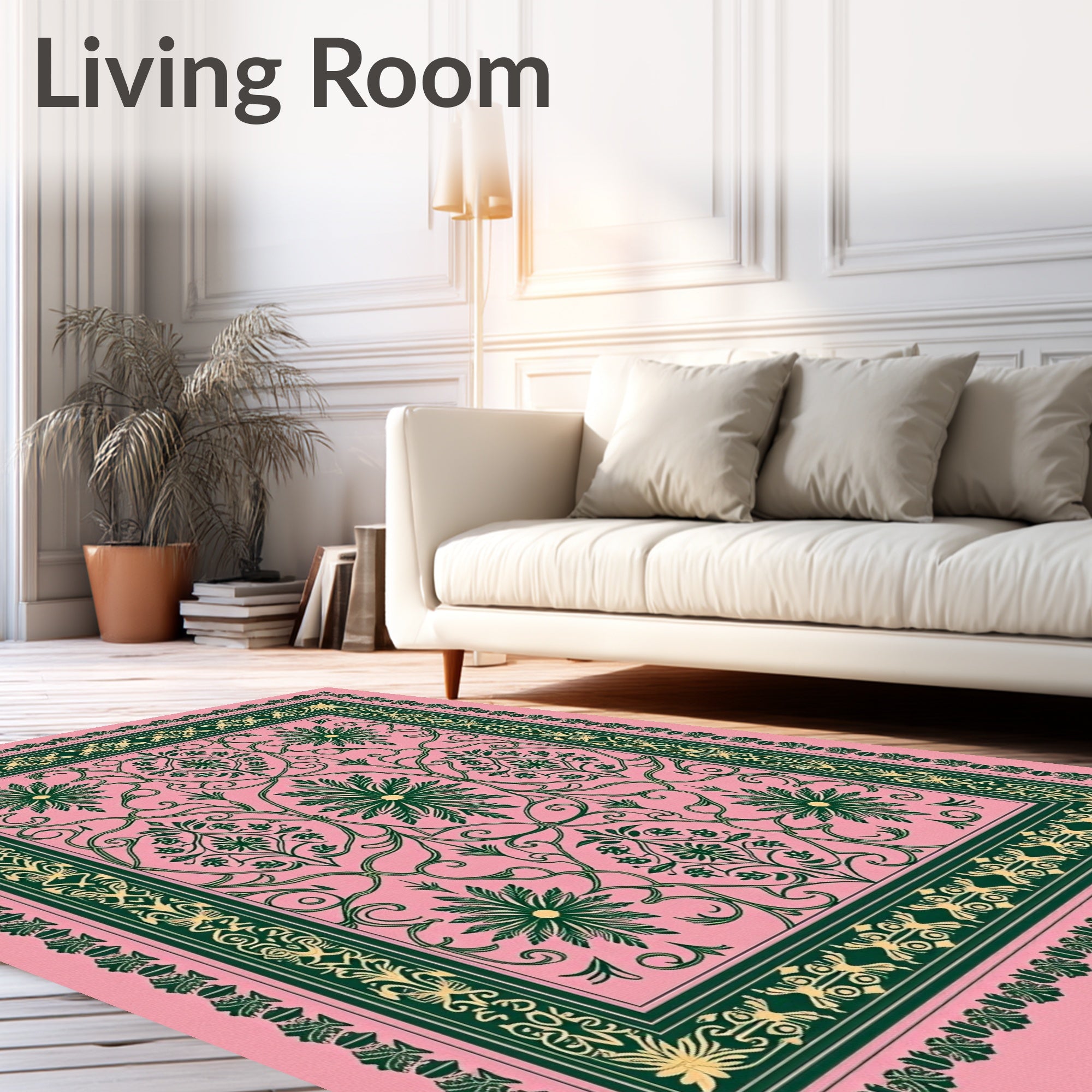 Pink Green Floral Scroll Border Rug