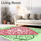 Red Floral Heart Swirls with Green Vines Rug