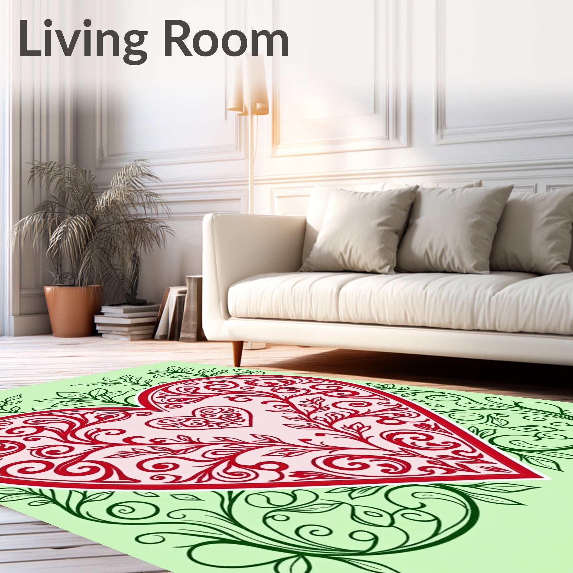 Red Floral Heart Swirls with Green Vines Rug