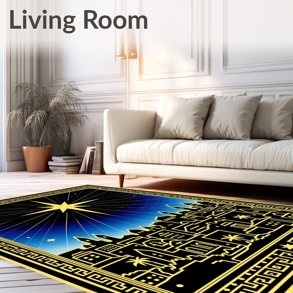 Golden Starry Night Cityscape Rug