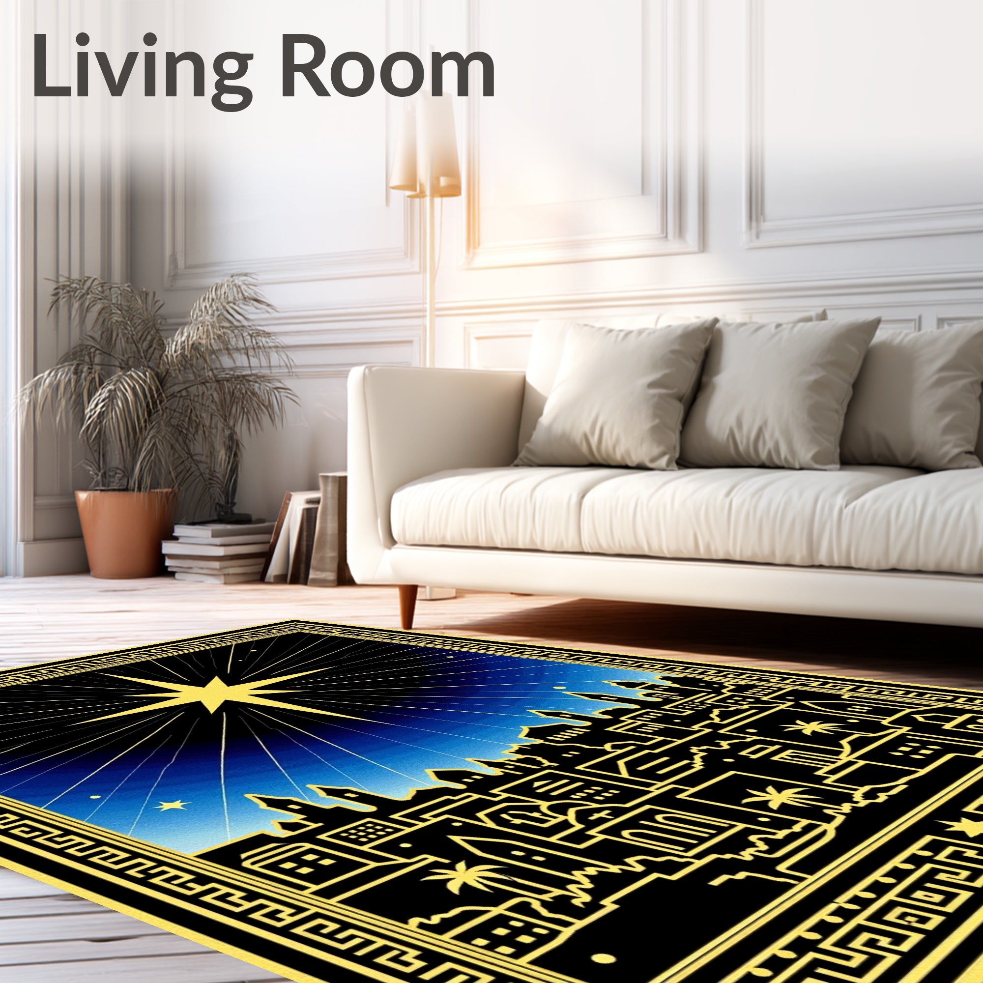 Golden Starry Night Cityscape Rug