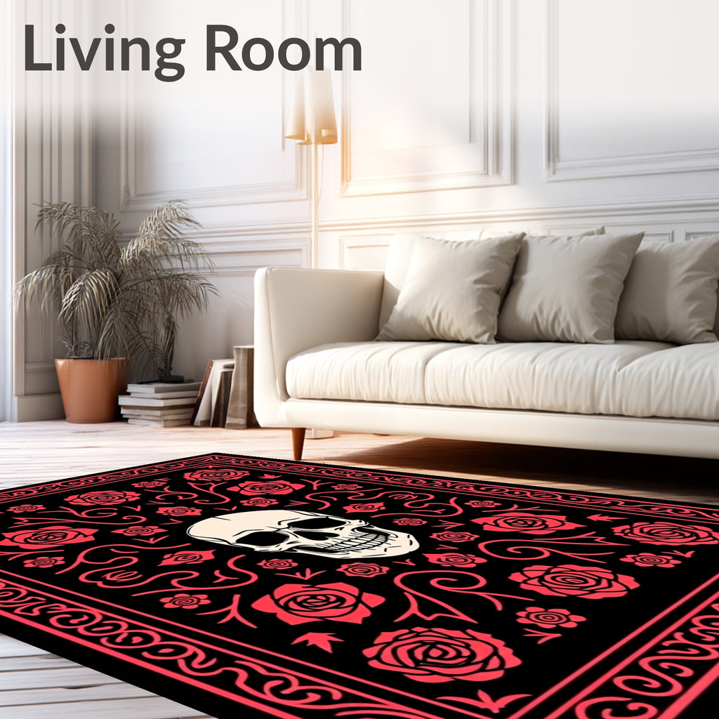 Crimson Skull and Rose Floral Border Rug