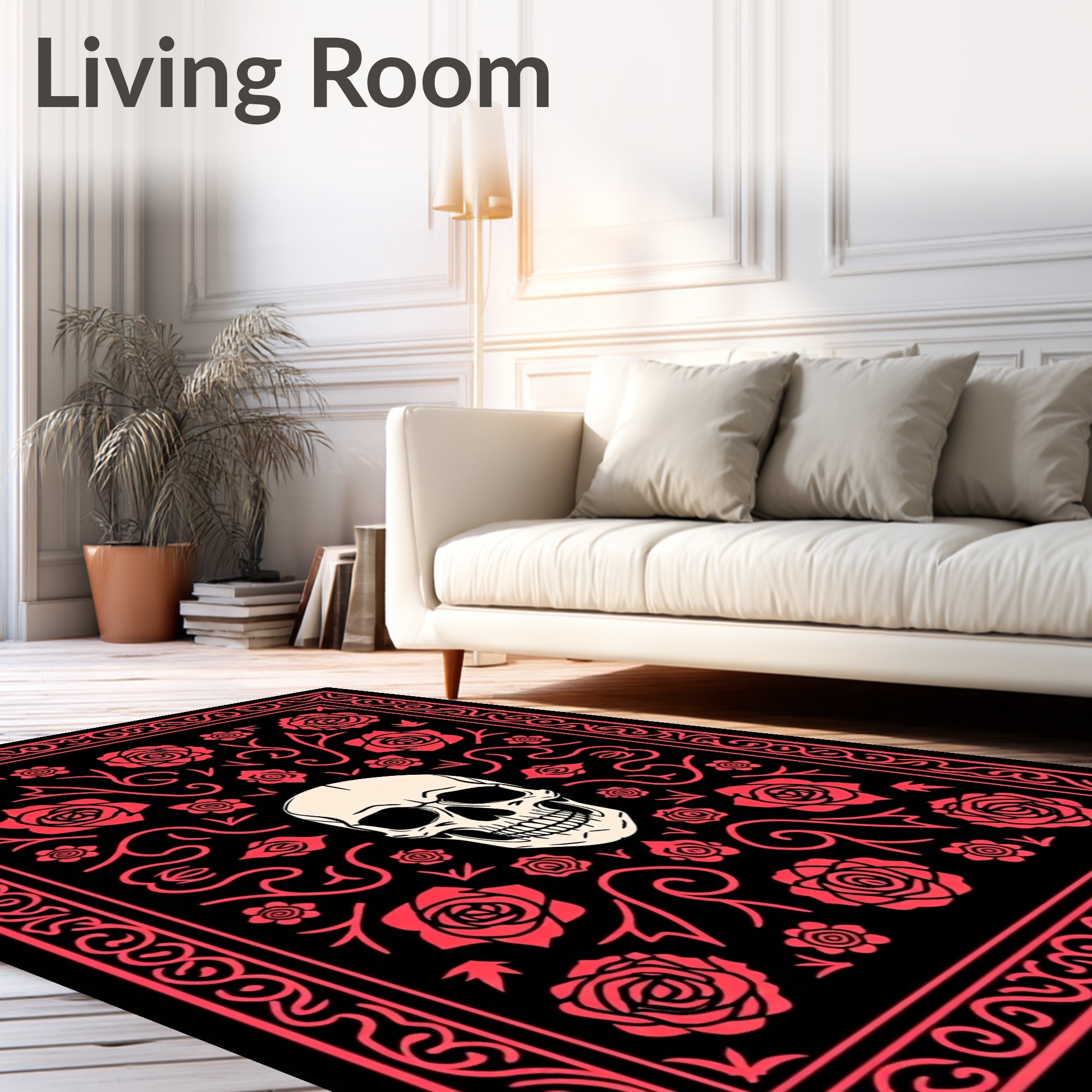 Crimson Skull and Rose Floral Border Rug