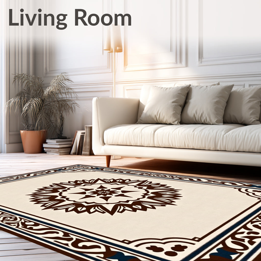 Cream Brown Ornamental Starburst Frame Rug