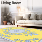 Light Blue Floral Scroll Yellow Medallion Rug