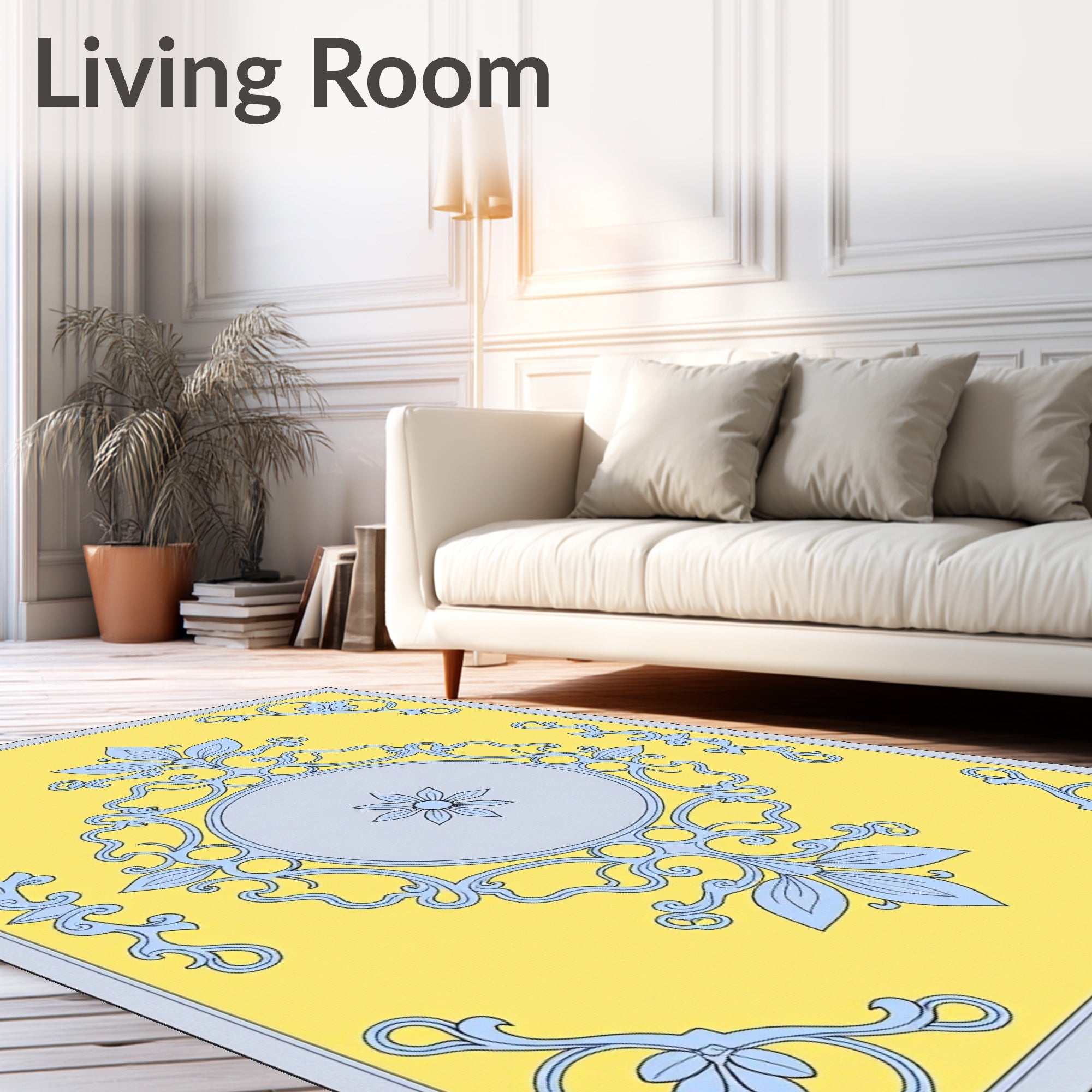 Light Blue Floral Scroll Yellow Medallion Rug