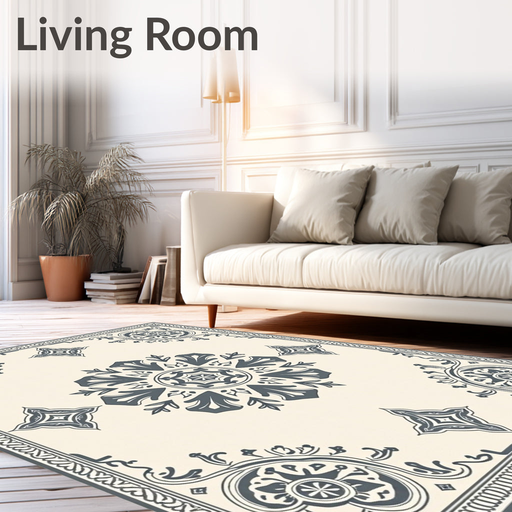 Ornate Cream Gray Floral Medallion Rug