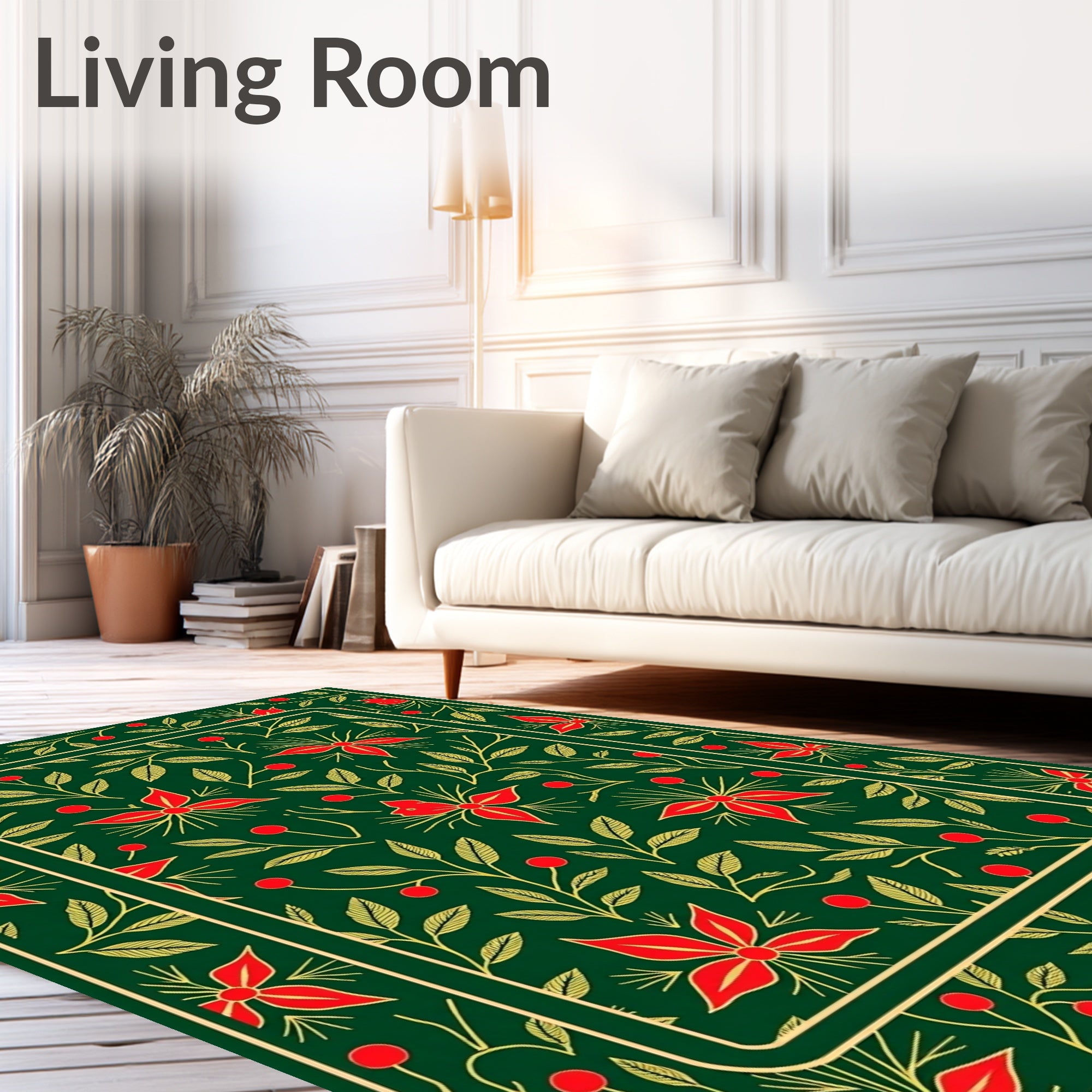 Emerald Red Floral Botanical Border Rug