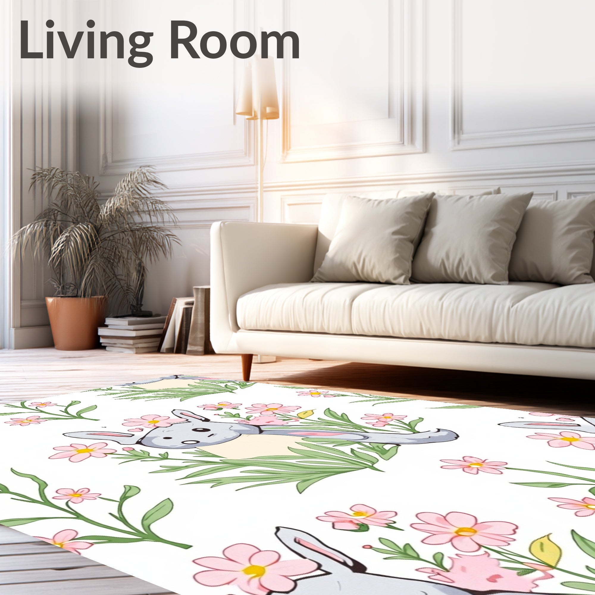Whimsical Gray Bunny Pink Flower Garden Rug