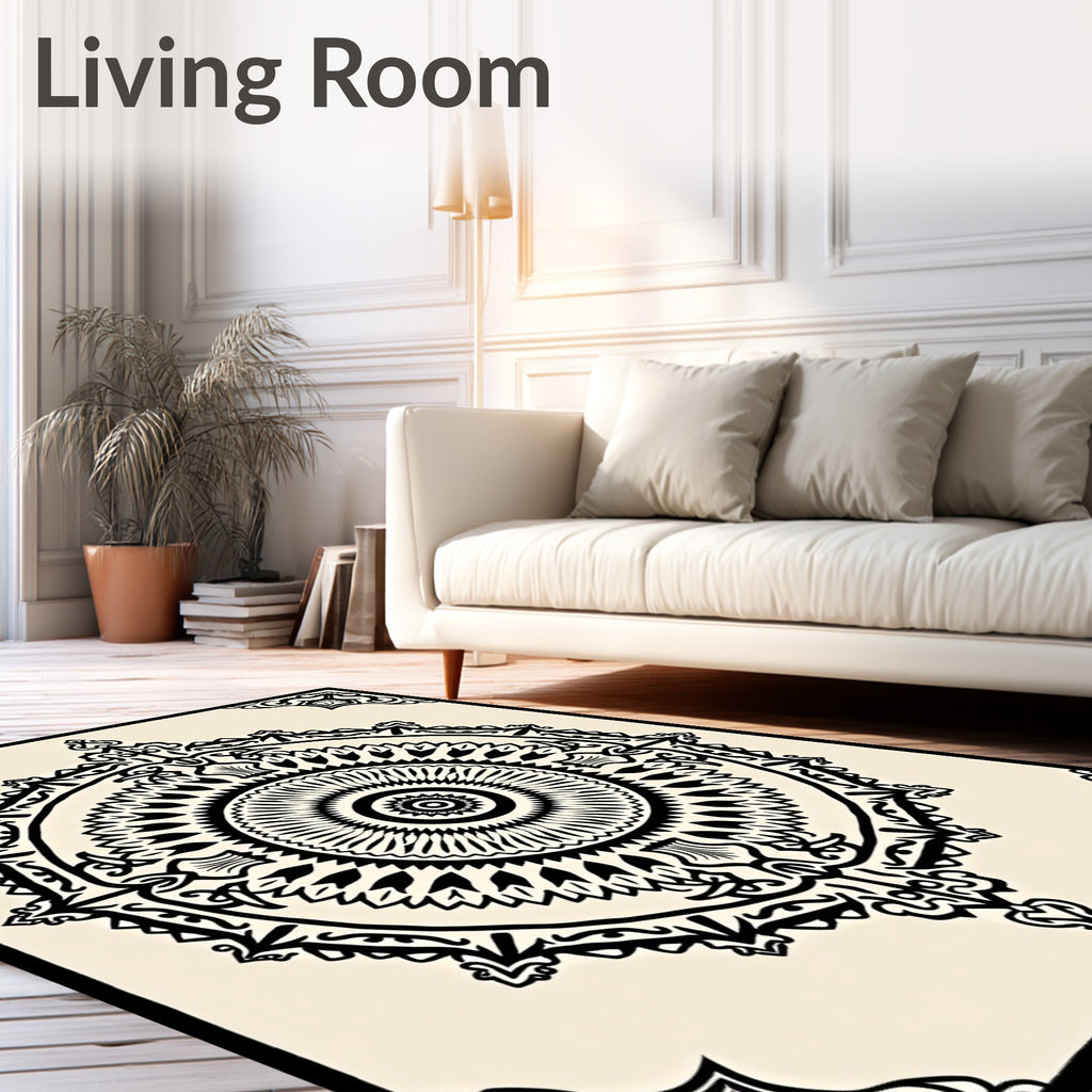 Black Cream Ornate Circular Mandala Rug