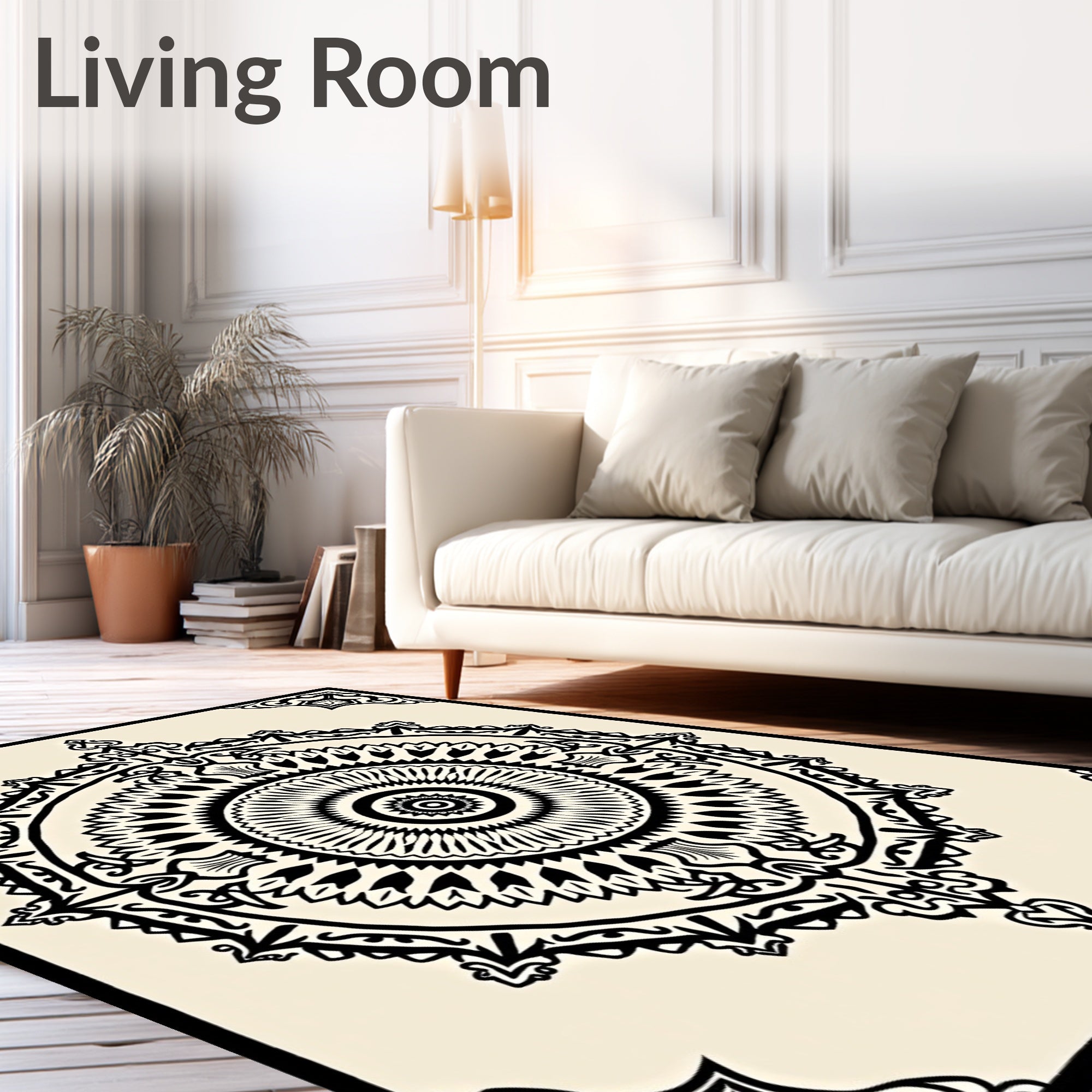 Black Cream Ornate Circular Mandala Rug