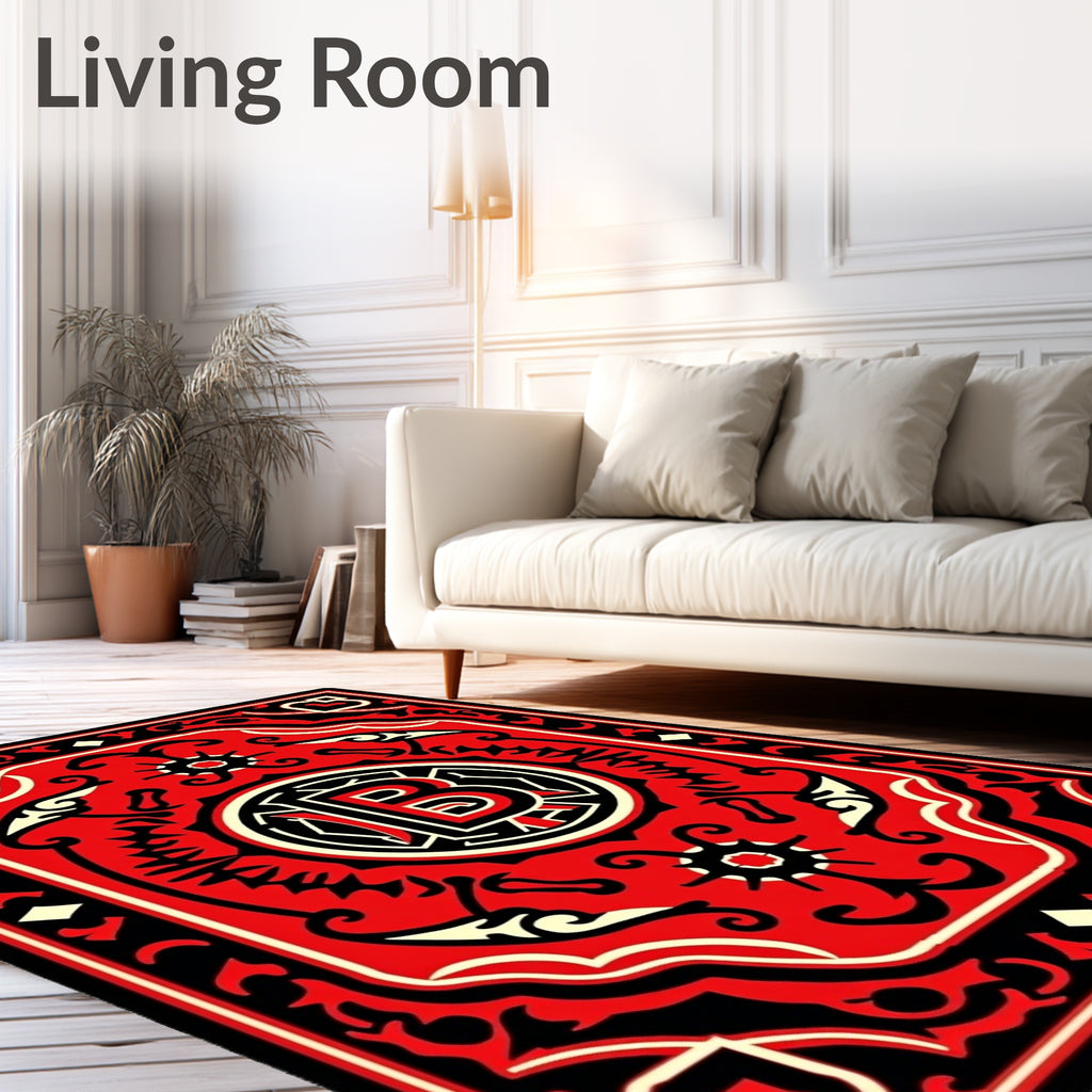 Bold Red Black Circular Emblem Rug