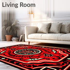Bold Red Black Circular Emblem Rug