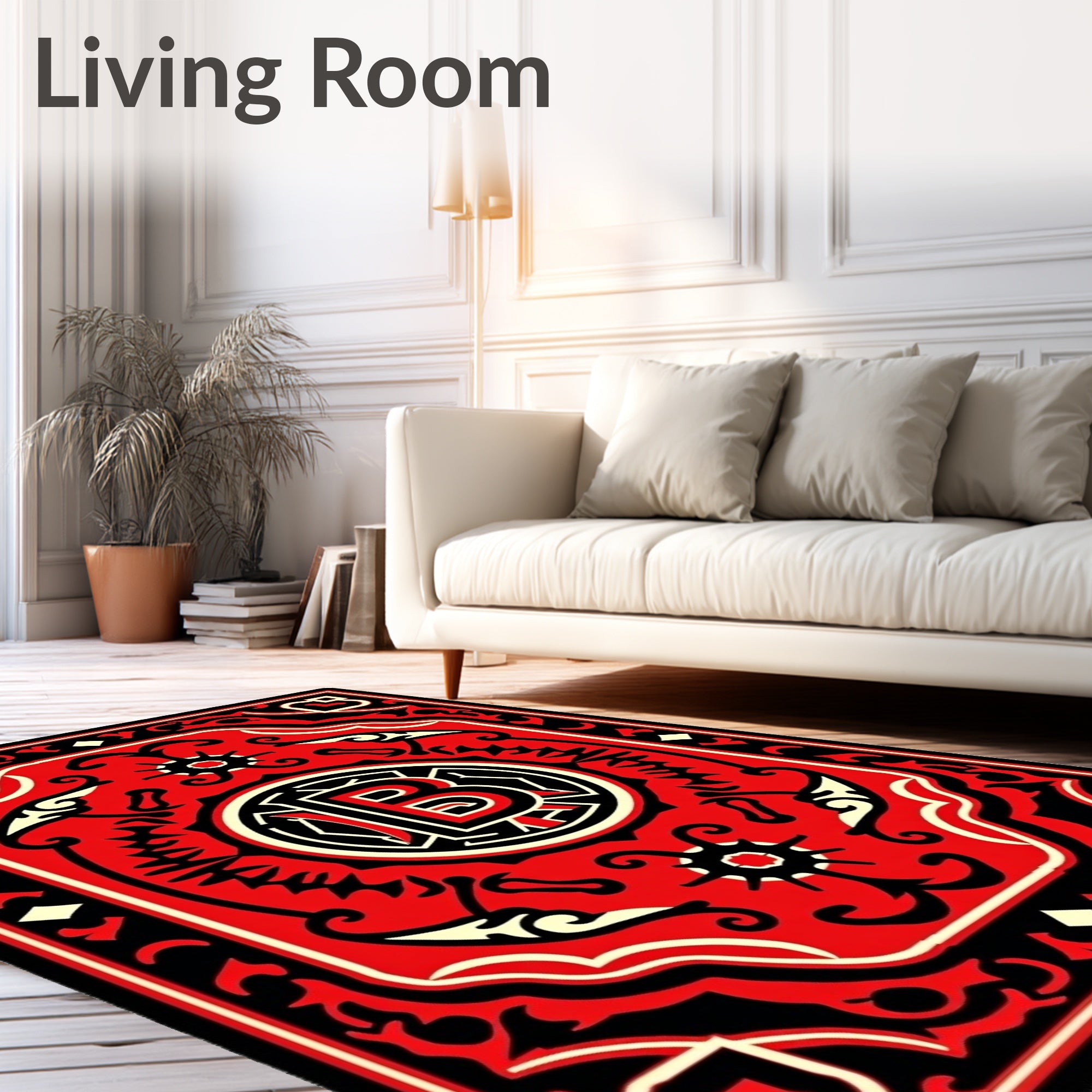 Bold Red Black Circular Emblem Rug