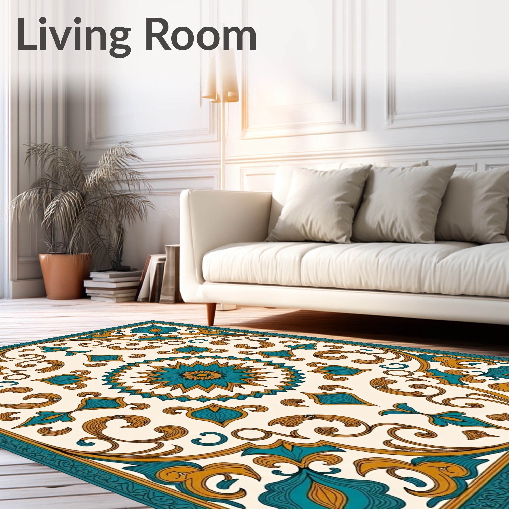 Teal Gold Arabesque Floral Square Rug
