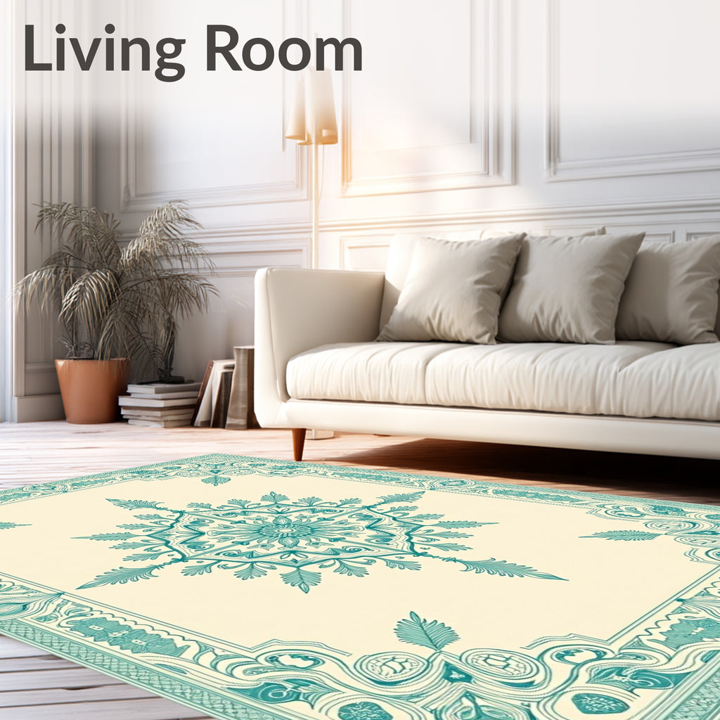 Aqua Floral Medallion Border Rug