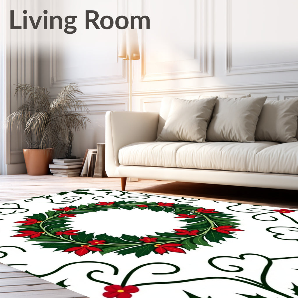 Green Holly Red Poinsettia Wreath Rug