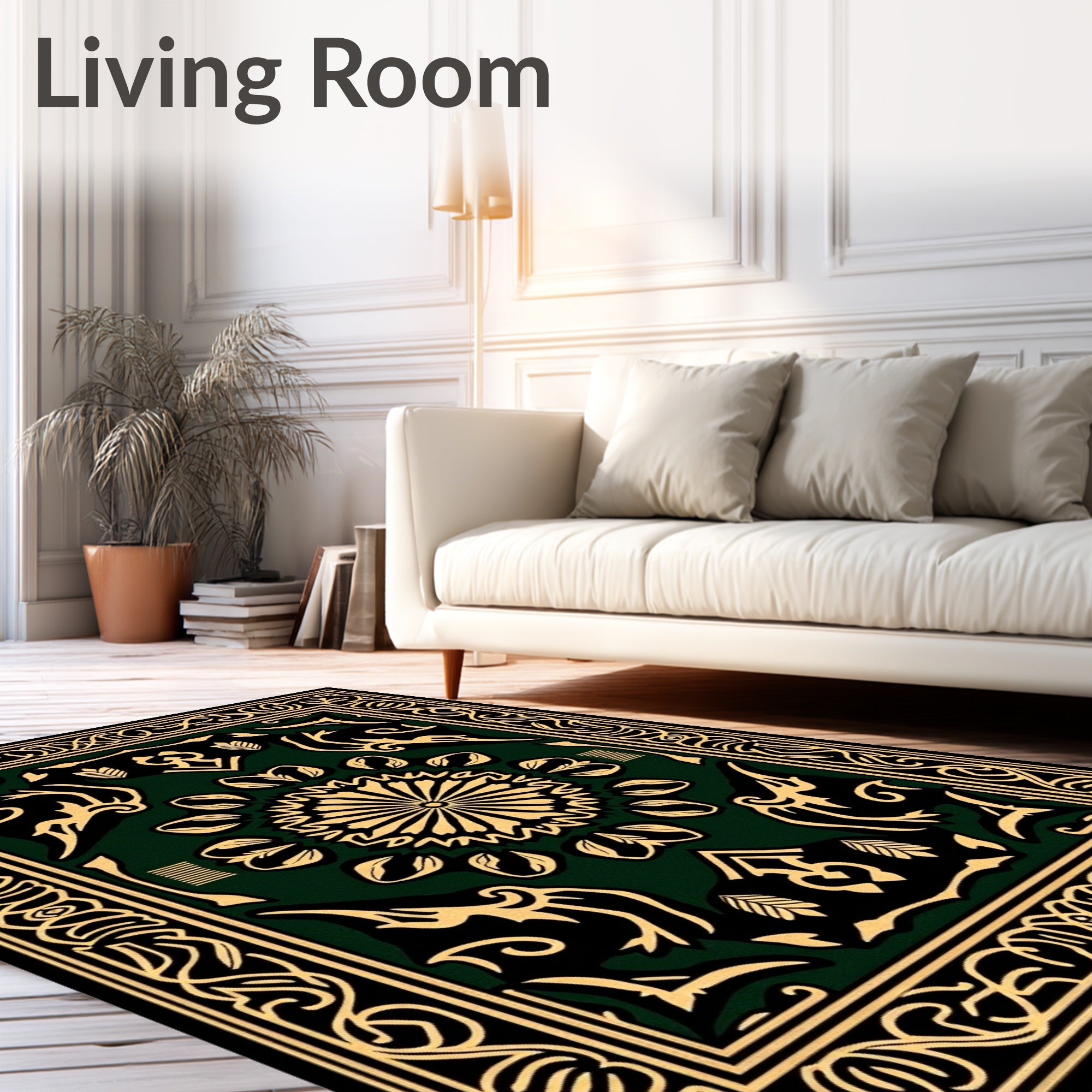 Elegant Green Gold Floral Medallion Rug