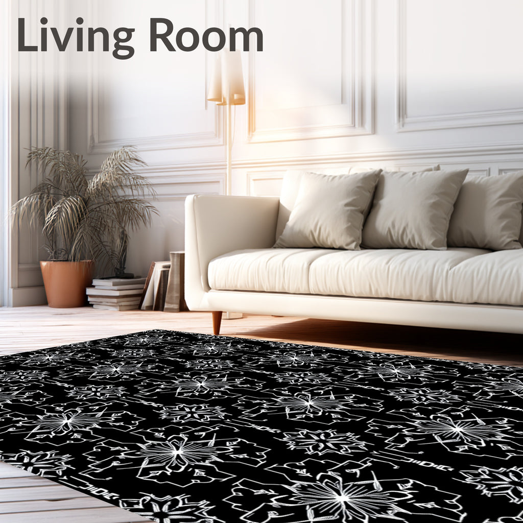 White Ornamental Starburst Black Background Rug