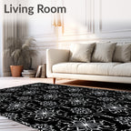 White Ornamental Starburst Black Background Rug