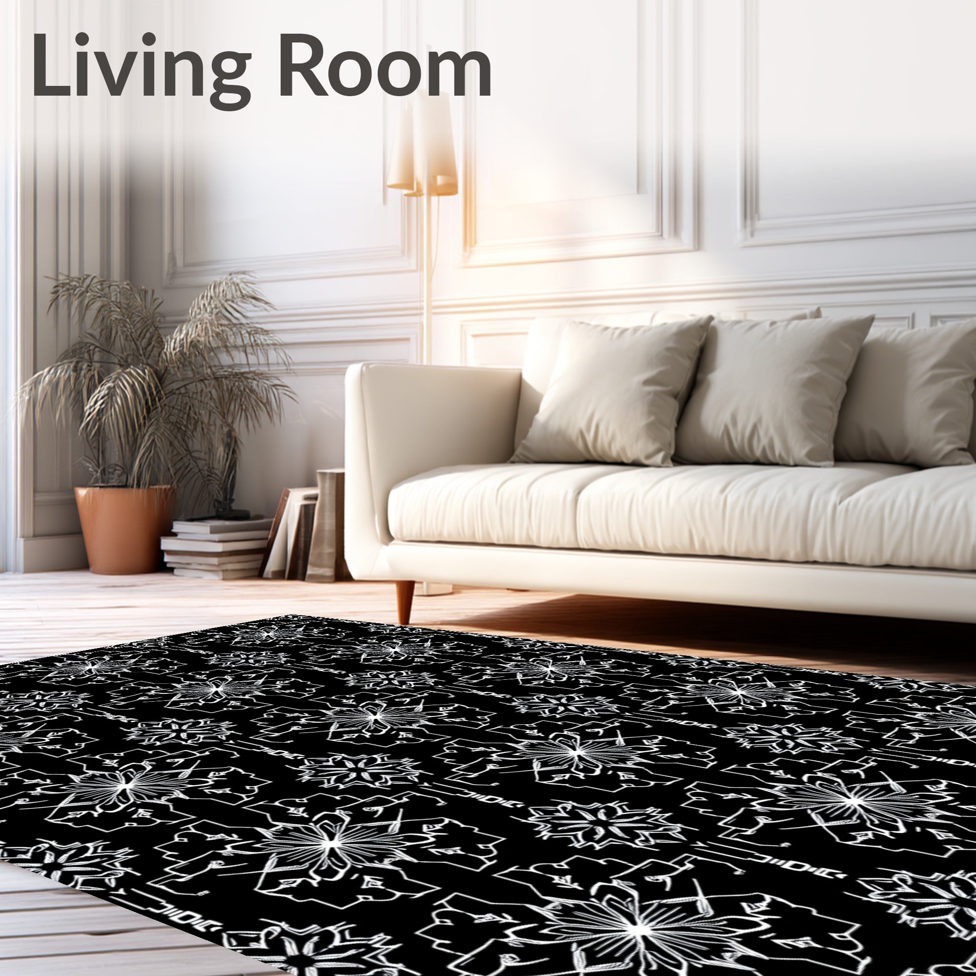 White Ornamental Starburst Black Background Rug