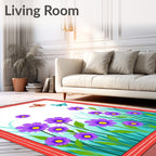 Whimsical Purple Flowers Red Butterflies Garden Rug