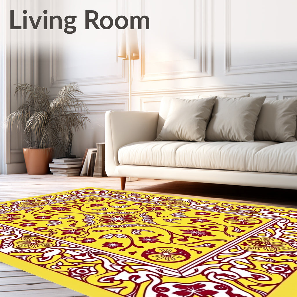 Vibrant Yellow Crimson Floral Border Rug