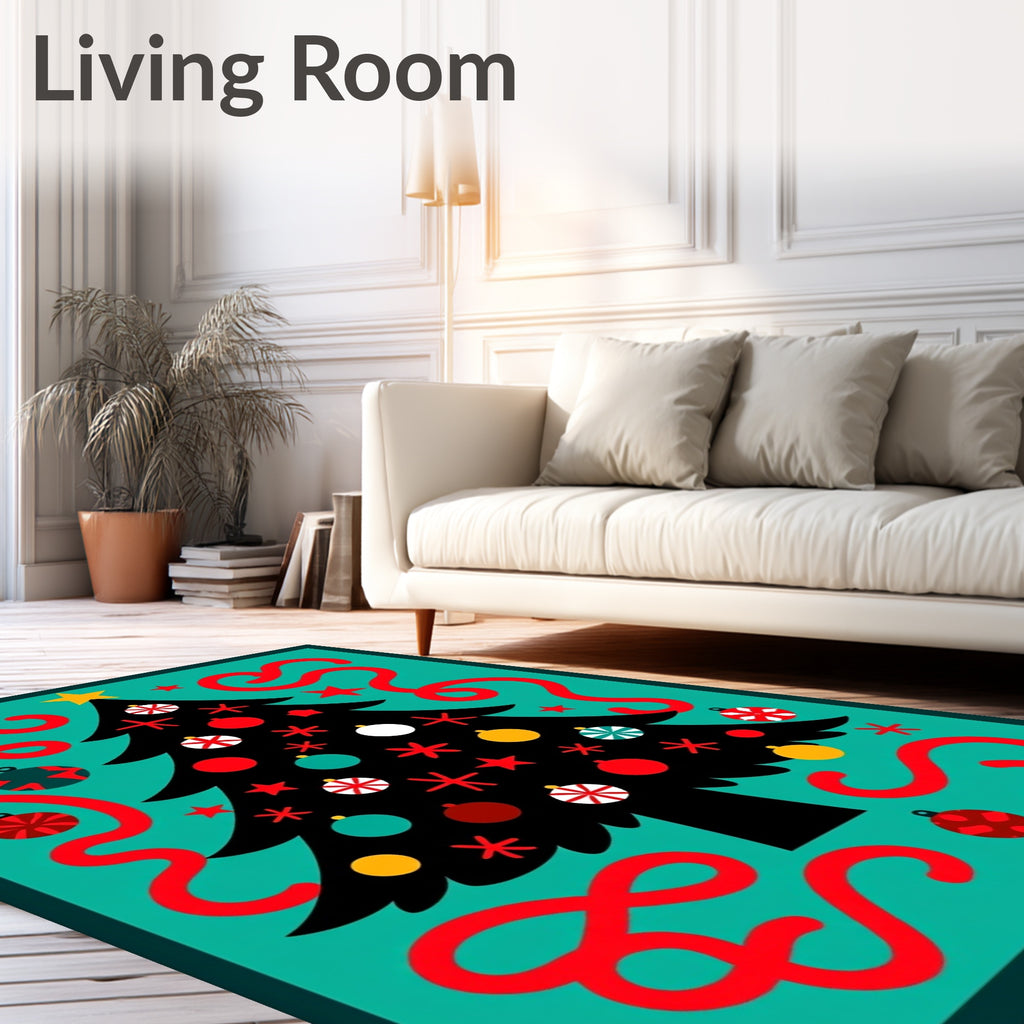 Retro Christmas Tree Red Ribbon Festive Rug