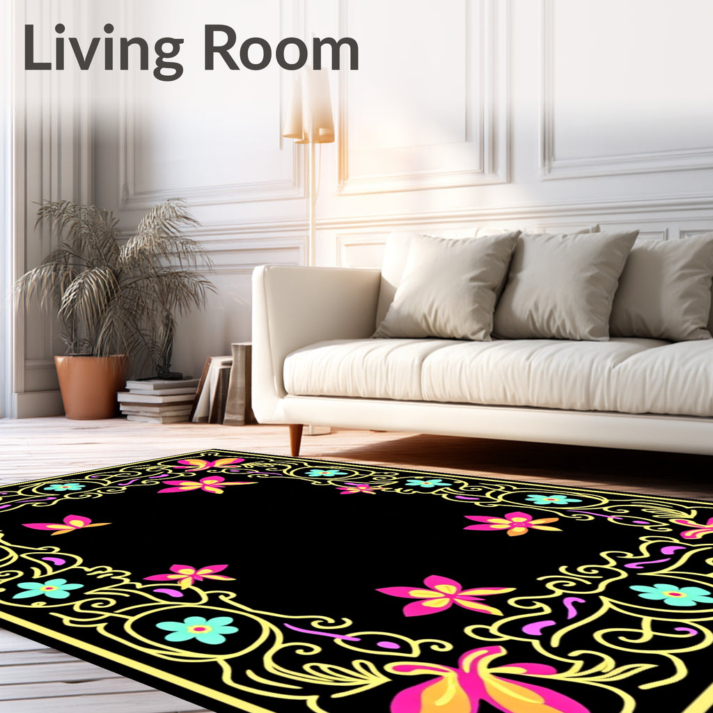 Vibrant Pink Yellow Floral Butterfly Border Rug