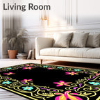 Vibrant Pink Yellow Floral Butterfly Border Rug