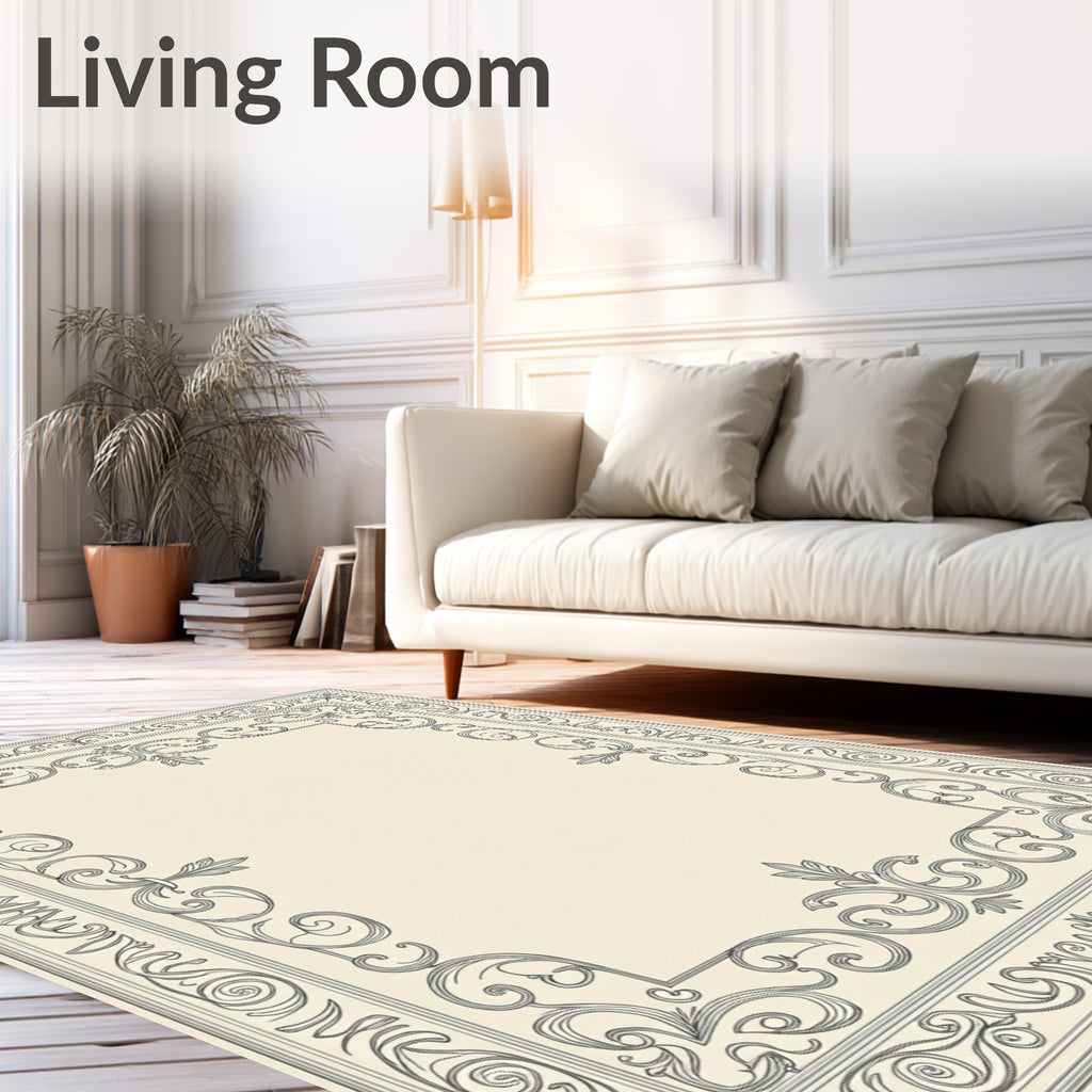 Ornate Ivory Scroll Border Rug