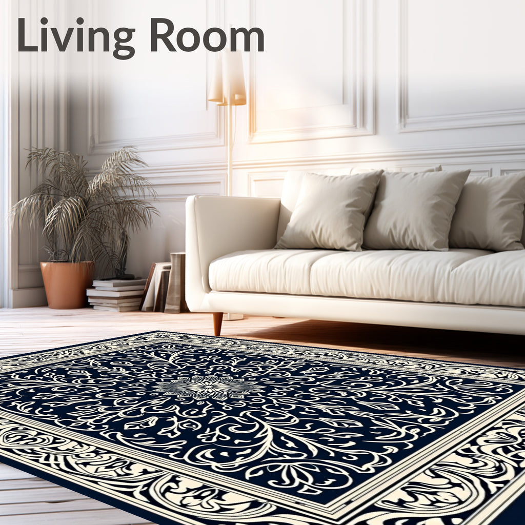 Navy Ivory Intricate Floral Medallion Rug