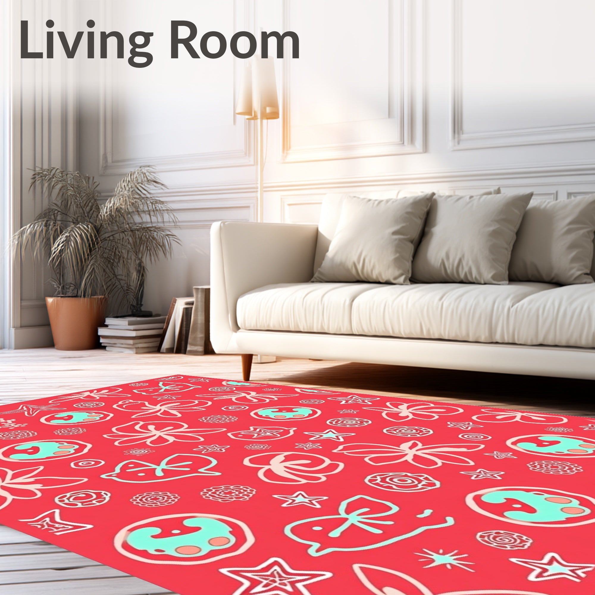 Coral Blue Teal Tropical Floral Whimsical Rug