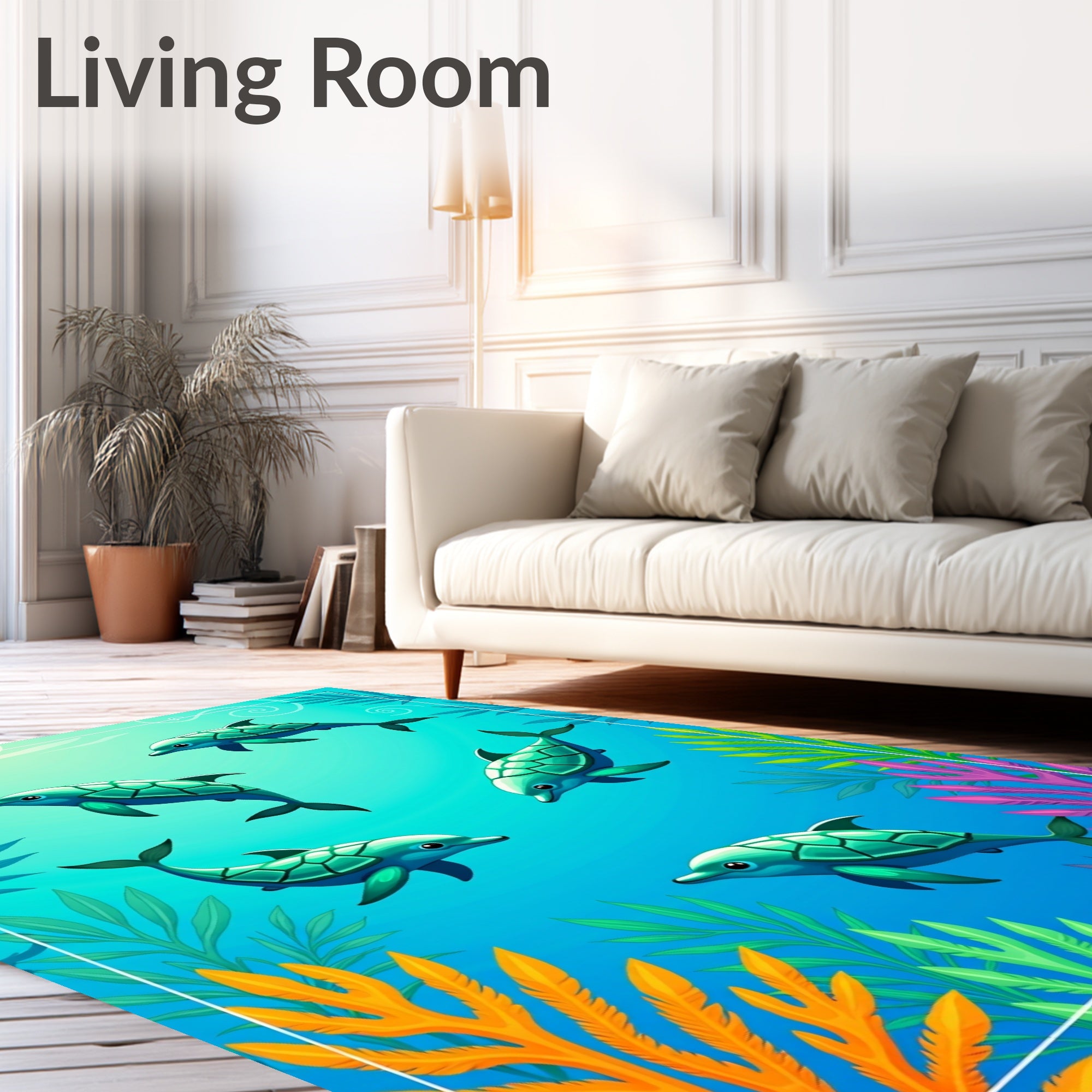 Aqua Dolphins Coral Reef Scene Rug
