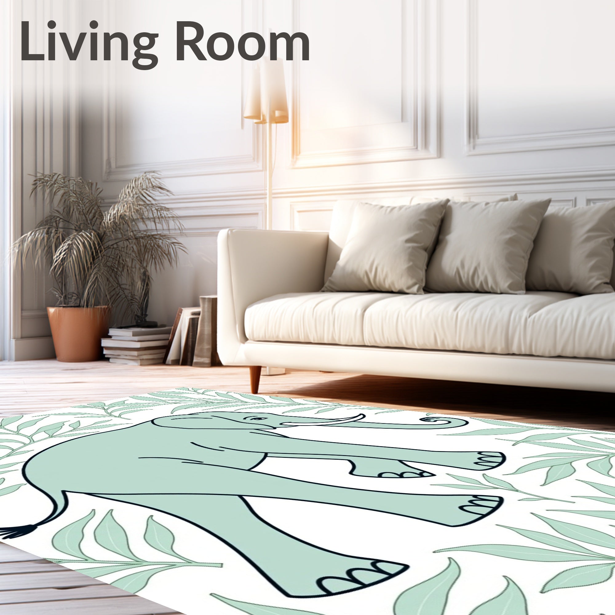 Serene Aqua Elephant Leafy Background Rug