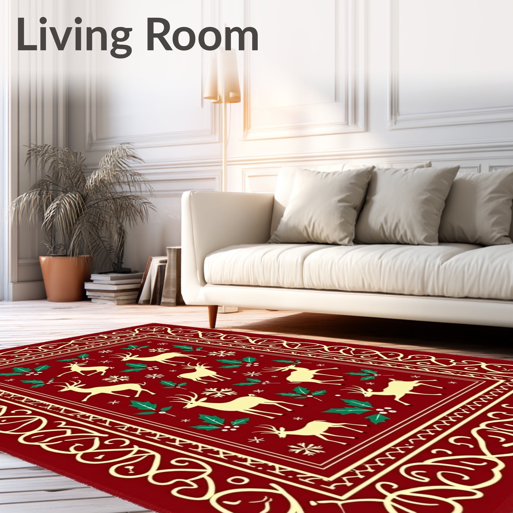 Reindeer Holly Festive Border Rug