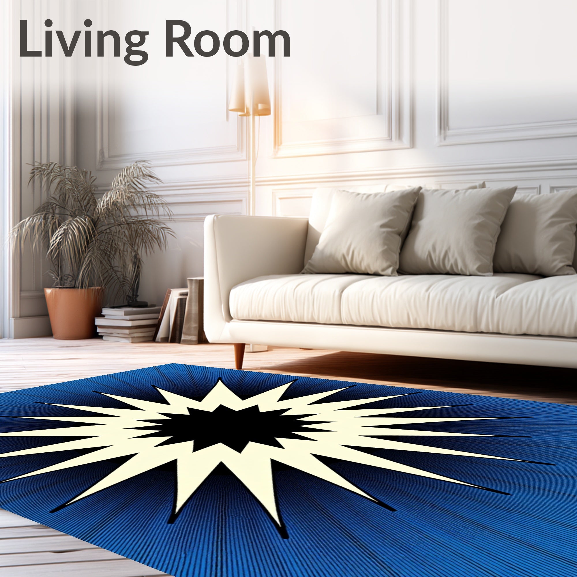 Radiant yellow starburst on blue lines Rug