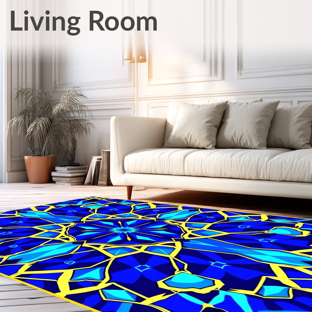 Electric Blue Yellow Geometric Sunburst Rug