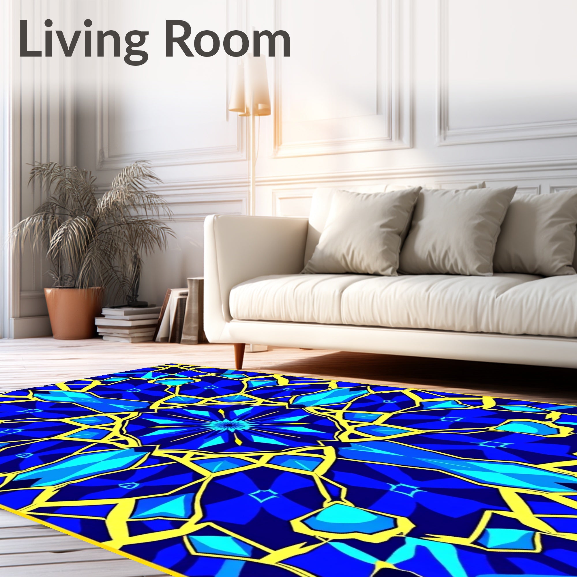 Electric Blue Yellow Geometric Sunburst Rug