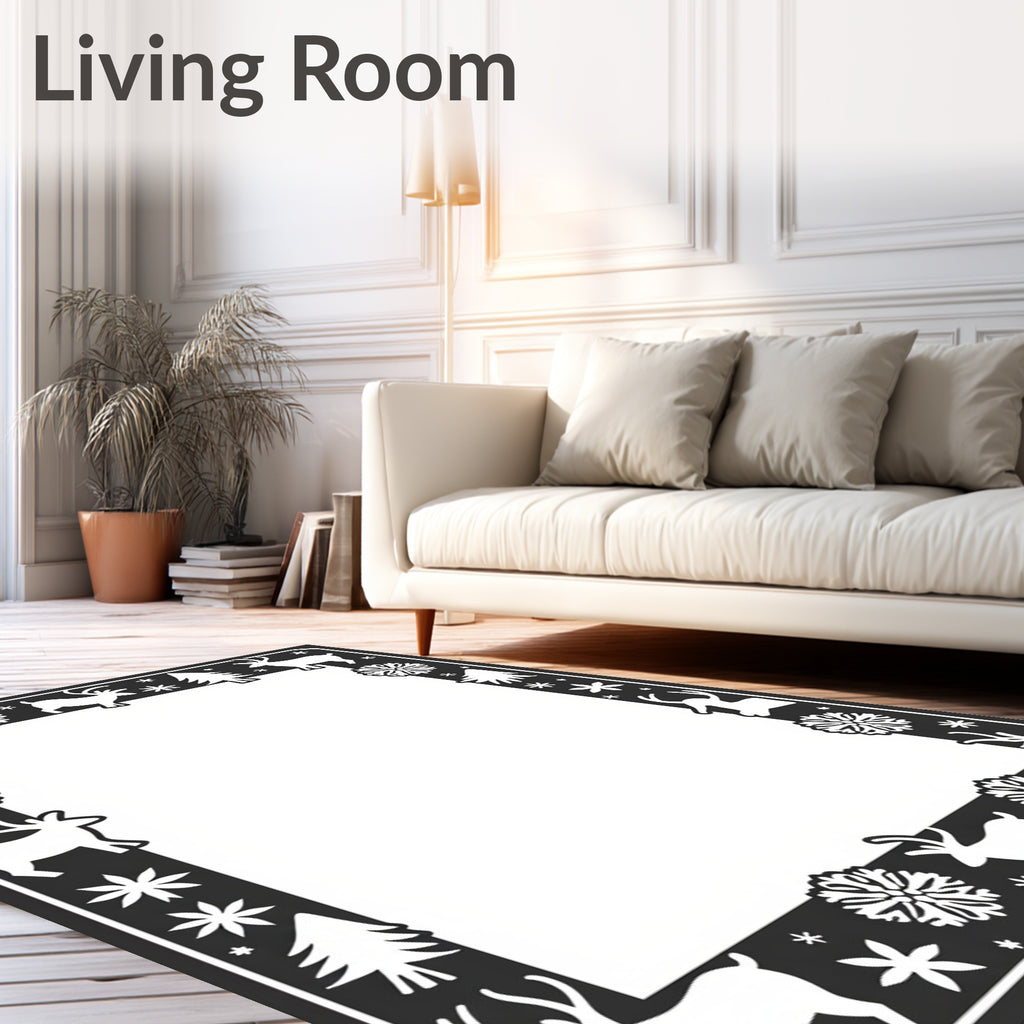 Black Reindeer Snowflake Forest Frame Rug