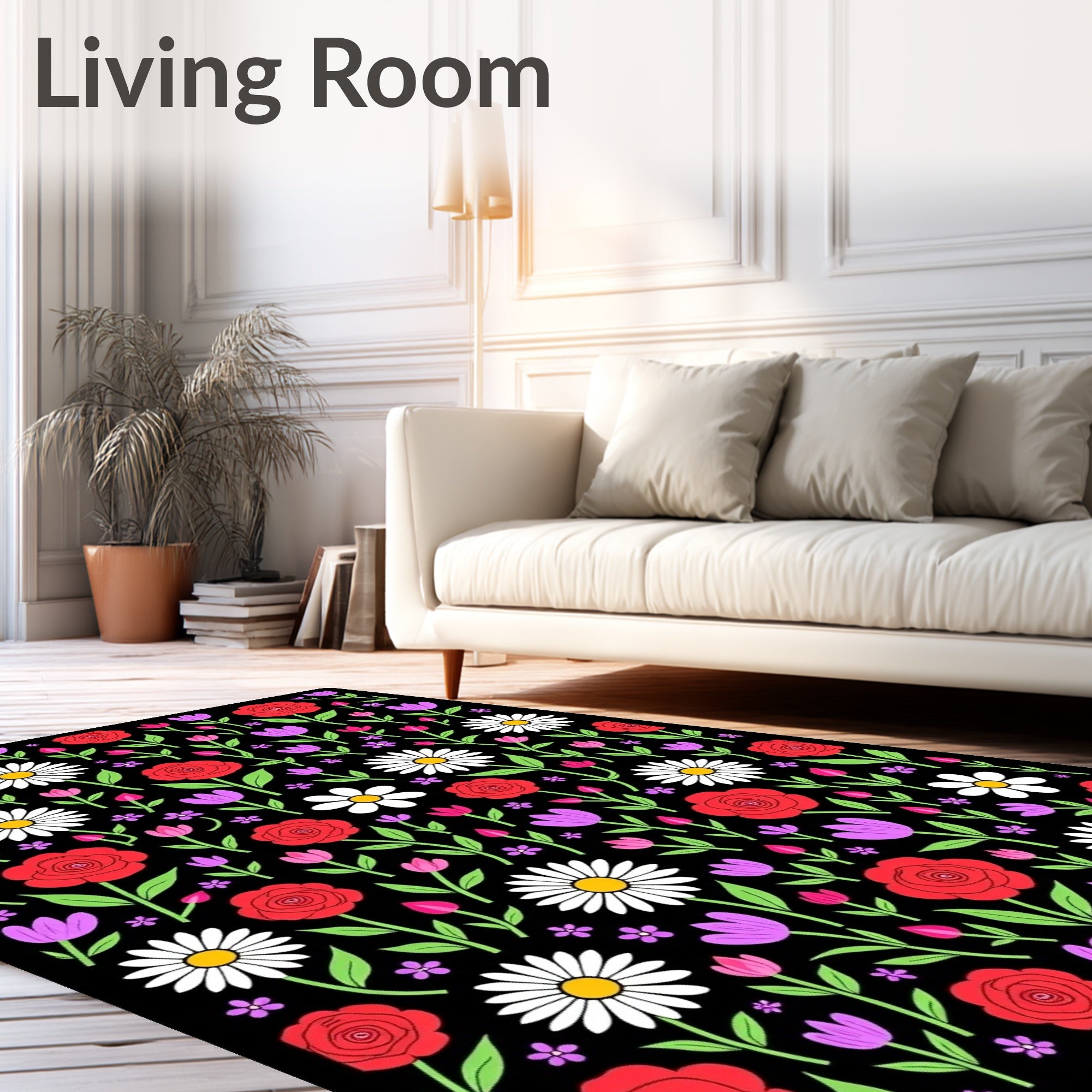 Whimsical Red Rose Daisy Bouquet Rug