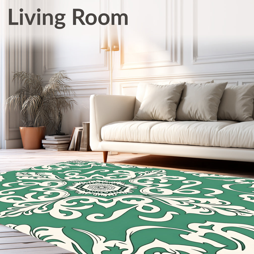 Teal Ivory Baroque Floral Medallion Rug