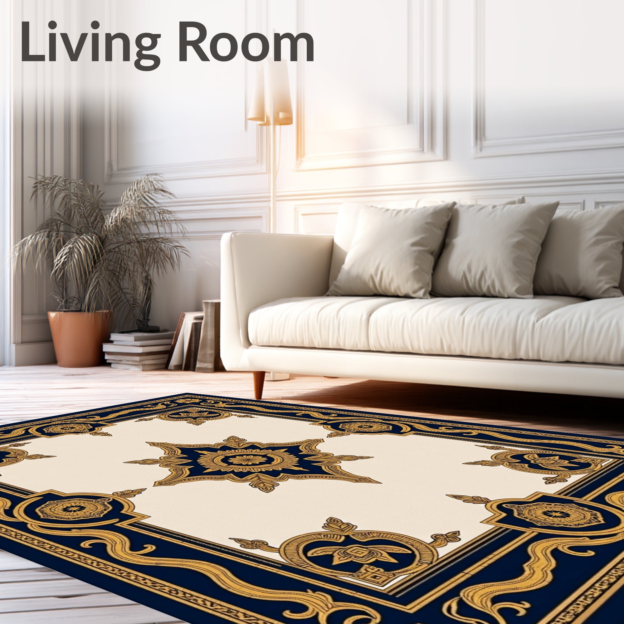 Navy Gold Ornate Medallion Scroll Rug