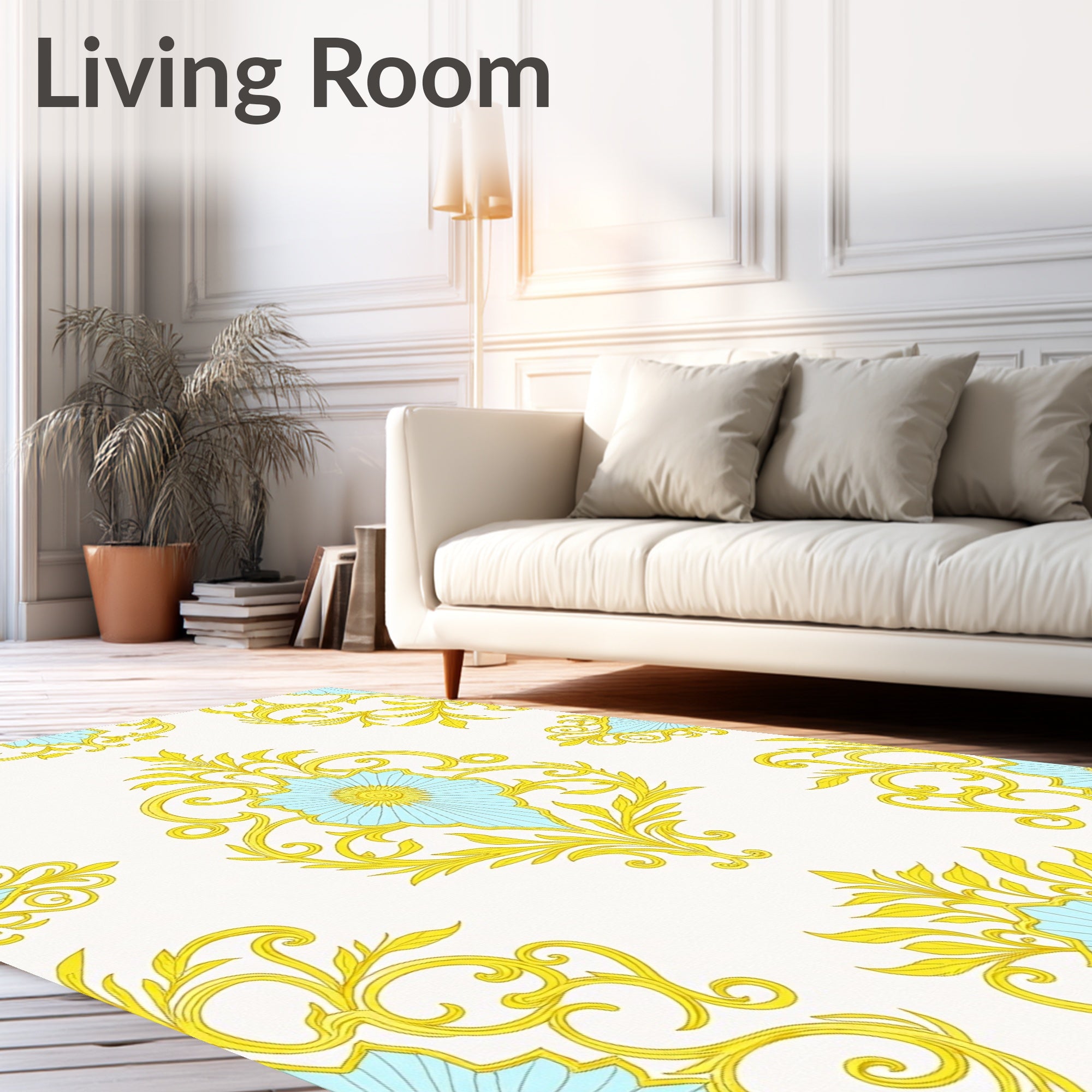 Golden Blue Floral Damask Medallion Rug