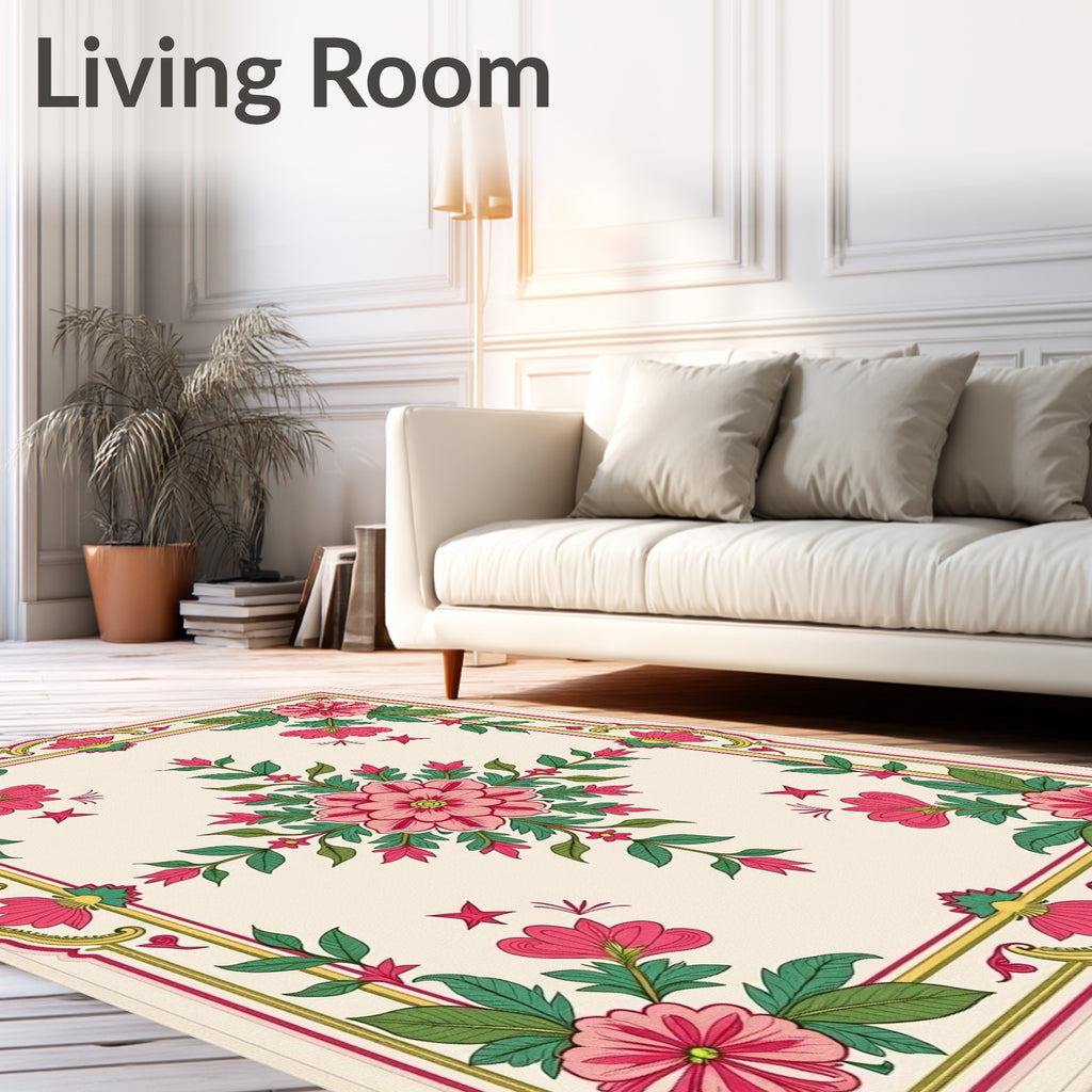 Pink Floral Garden Border Arrangement Rug