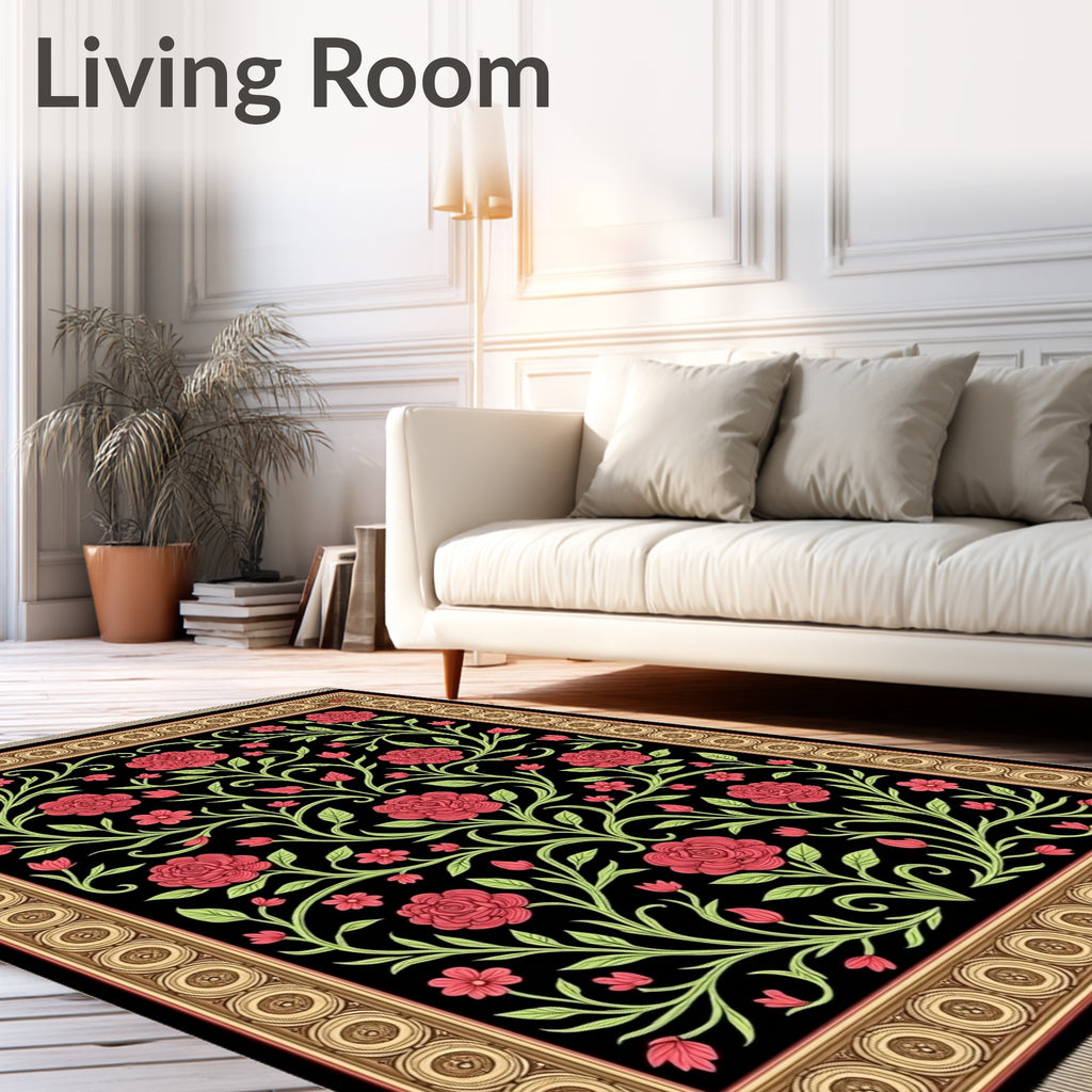 Crimson Roses Black Floral Garden Rug