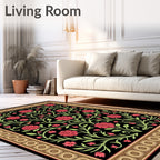 Crimson Roses Black Floral Garden Rug