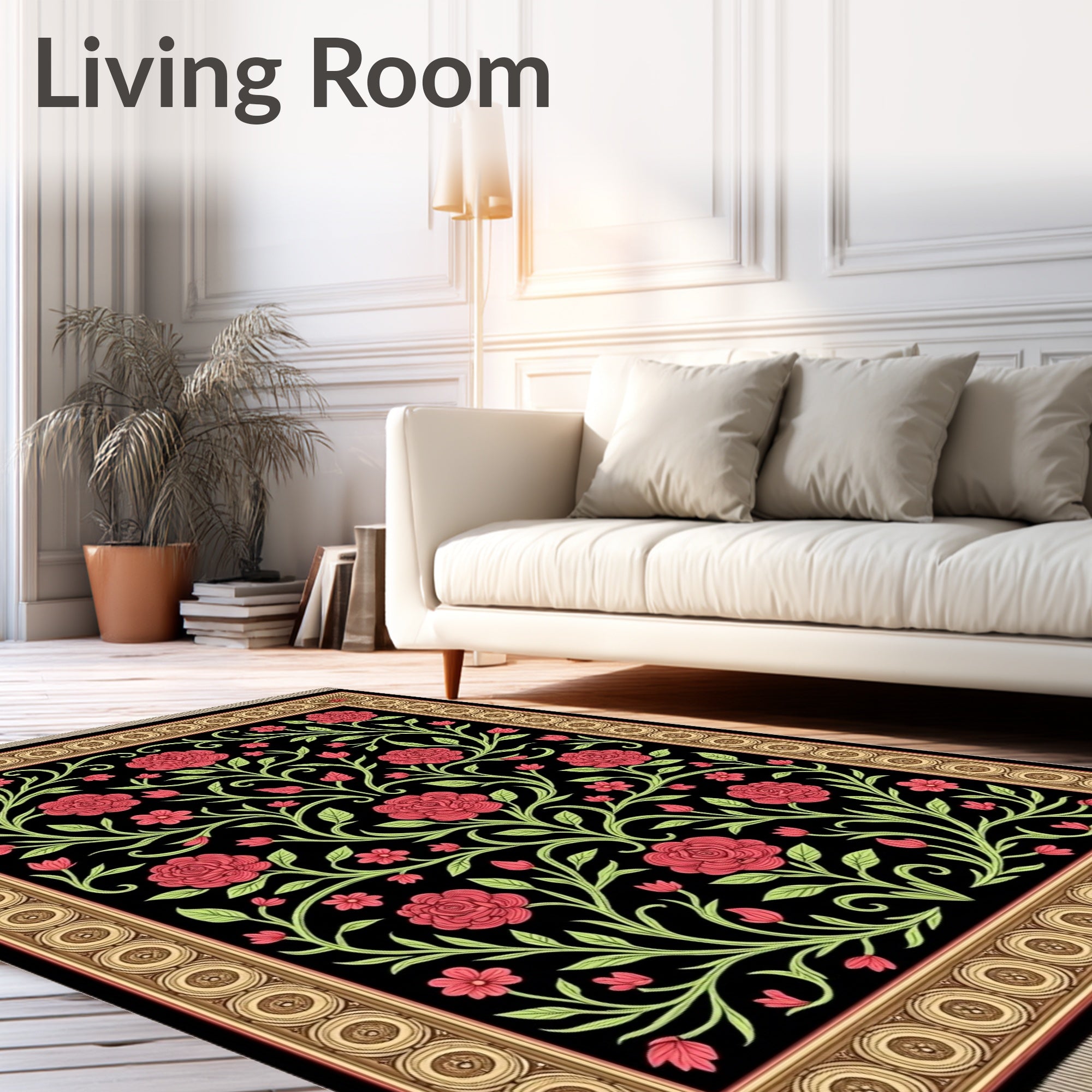 Crimson Roses Black Floral Garden Rug