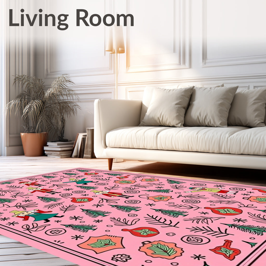 Pink Whimsical Christmas Characters and Trees Rug